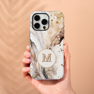 Elegant Monogram Brown Gold Marble Abstract Design iPhone 16 Pro Max Case