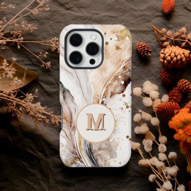 Elegant Monogram Brown Gold Marble Abstract Design iPhone Case (Creator Uploaded)