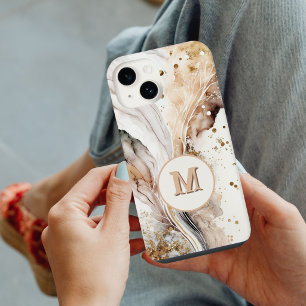 Elegant Monogram Brown Gold Marble Abstract Design iPhone 14 Plus Case