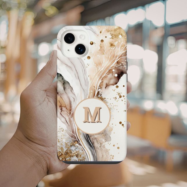 Elegant Monogram Brown Gold Marble Abstract Design iPhone Case (Creator Uploaded)