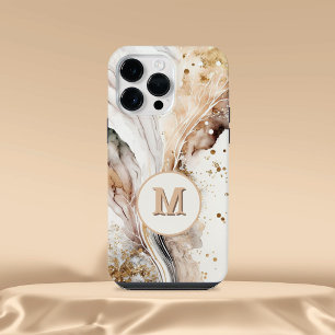 Elegant Monogram Brown Gold Marble Abstract Design iPhone 14 Pro Max Case