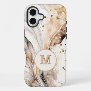 Elegant Monogram Brown Gold Marble Abstract Design iPhone 16 Plus Case