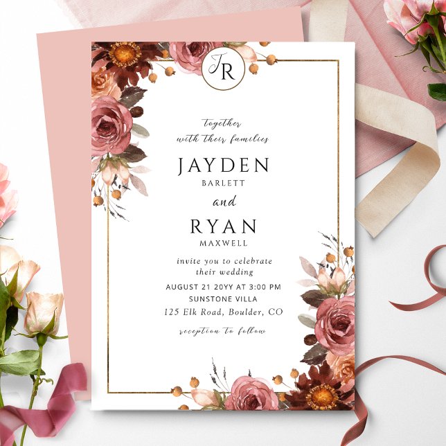 Elegant Monogram Burgundy and Blush Pink Wedding Invitation (Creator Uploaded)