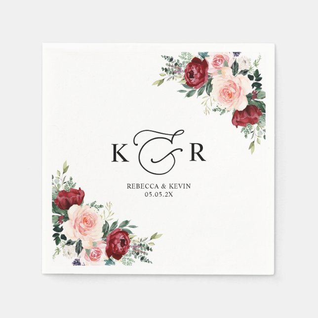 Elegant Monogram Burgundy Blush Floral Napkin (Front)
