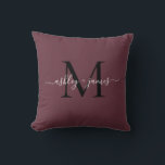Elegant Monogram Burgundy Script Names Wedding<br><div class="desc">Chic monogrammed keepsake pillow with your names and monogram in white elegant handwritten script calligraphy and black modern typography on a burgundy background. Simply add your names and monogram. Exclusively designed for you by Happy Dolphin Studio. If you need any help or matching products, please contact us at happydolphinstudio@outlook.com. We're...</div>