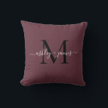 Elegant Monogram Burgundy Script Names Wedding Cushion<br><div class="desc">Chic monogrammed keepsake pillow with your names and monogram in white elegant handwritten script calligraphy and black modern typography on a burgundy background. Simply add your names and monogram. Exclusively designed for you by Happy Dolphin Studio. If you need any help or matching products, please contact us at happydolphinstudio@outlook.com. We're...</div>