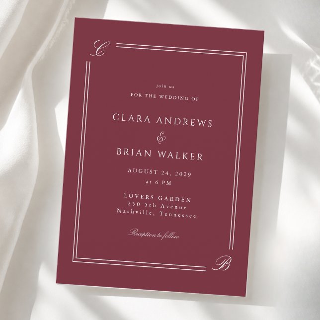 Elegant Monogram Burgundy White Border Wedding Invitation (Elegant Monogram Burgundy White Border Wedding Invitation)