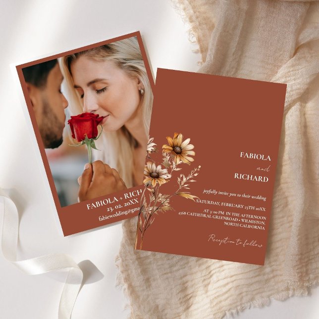 Elegant Monogram Burnt orange Wildflower Wedding  Invitation (Creator Uploaded)