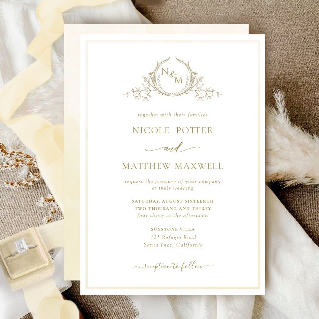 Elegant Monogram Champagne Watercolor Wedding Invitation (Creator Uploaded)