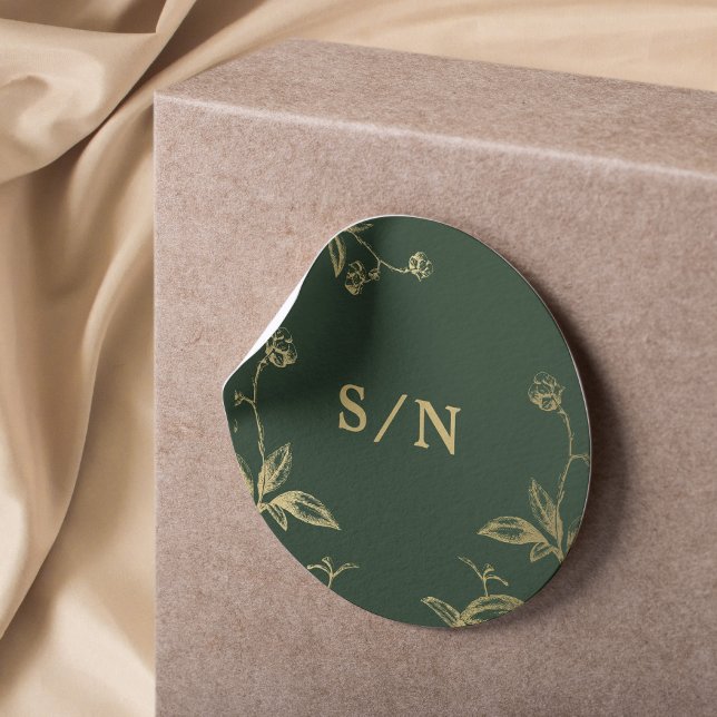Elegant monogram chic modern gold green wedding classic round sticker (Creator Uploaded)