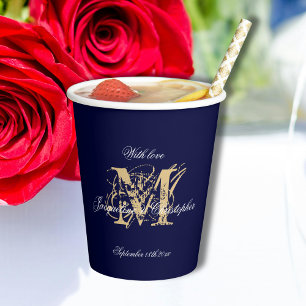 Elegant Monogram Chic Script Navy Blue Wedding Paper Cups