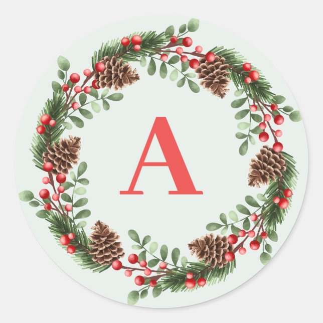Elegant Monogram Christmas Cones Wreath Classic Round Sticker (Front)