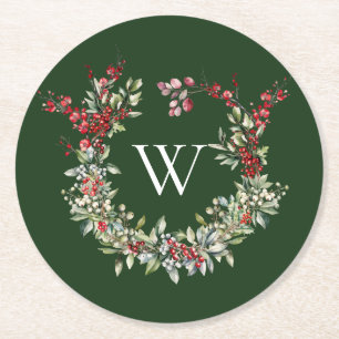 Elegant Monogram Christmas Holiday Wreath Round Paper Coaster