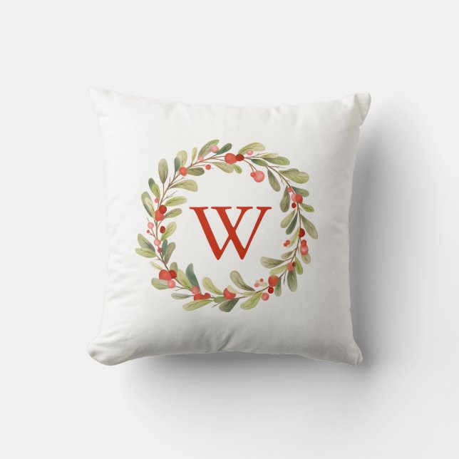Elegant Monogram Christmas Wreath Cushion (Front)