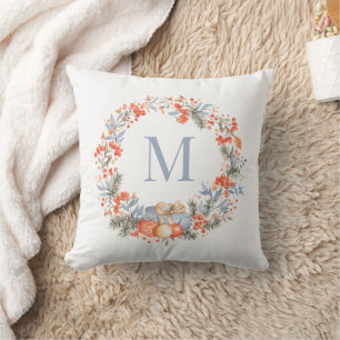 Elegant Monogram Christmas Wreath Dusty Blue Cushion