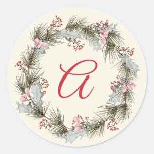 Elegant Monogram Christmas Wreath Family Photo Classic Round Sticker