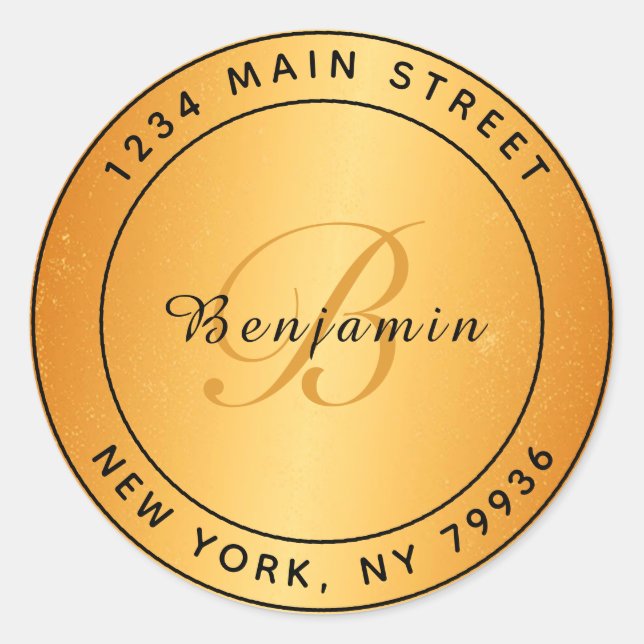 Elegant Monogram Circular Return Address Gold Classic Round Sticker (Front)