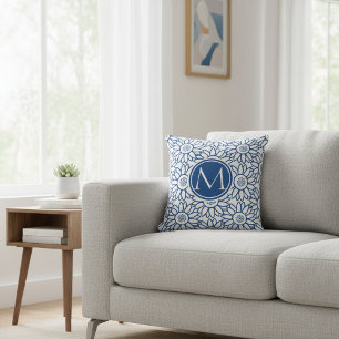 Elegant Monogram Classic Blue Sunflower Cushion