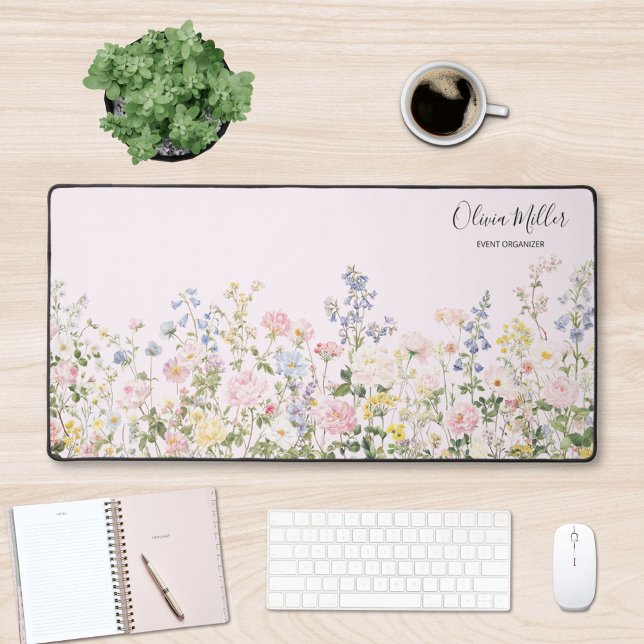 Elegant Monogram Colorful Flower Garden Floral Desk Mat (In situ)