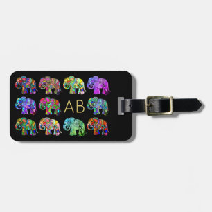 Elegant monogram colourful ornamental elephants luggage tag