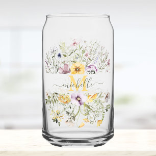 Elegant Monogram Colourful Wildflower Garden Flora Can Glass