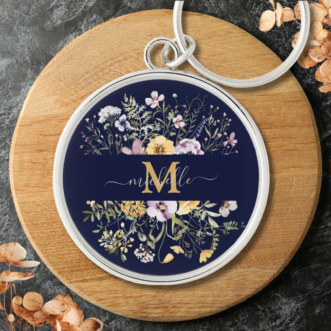 Elegant Monogram Colourful Wildflower Garden Flora Key Ring (Close up)