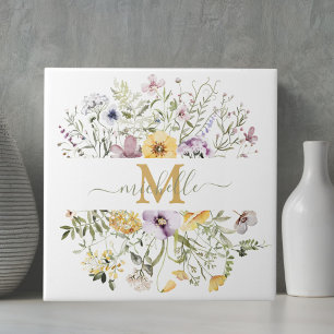 Elegant Monogram Colourful Wildflower Garden Flora Tile