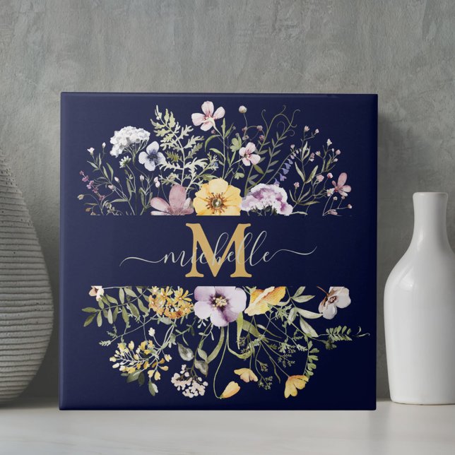 Elegant Monogram Colourful Wildflower Garden Flora Tile (Close up)