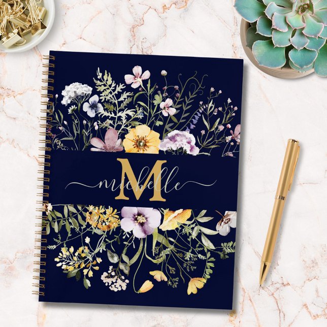 Elegant Monogram Colourful Wildflower To Do List Notebook (In situ)