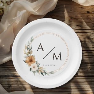 Elegant Monogram Copper Earthy Botanical Wedding  Paper Plate