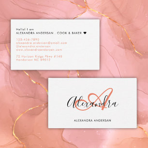 Elegant Monogram Coral Pink Black Script Name Business Card