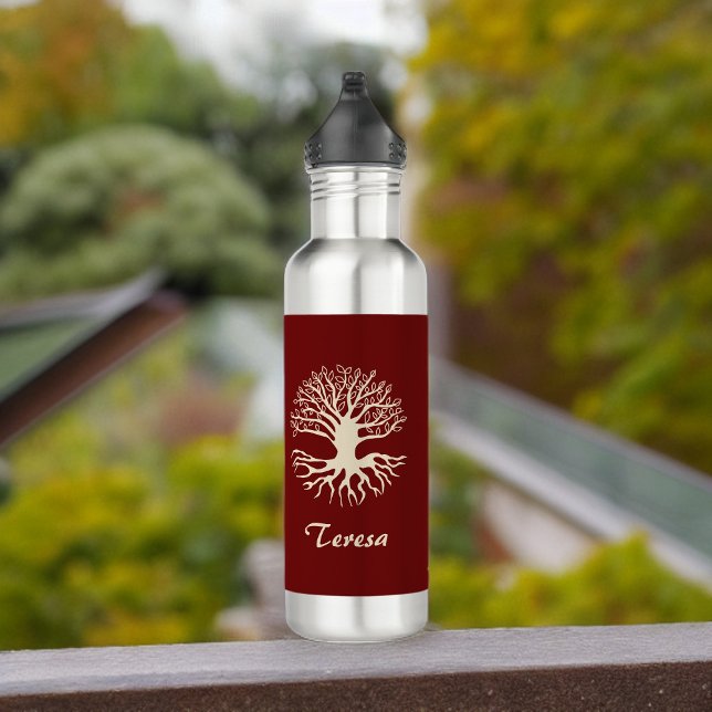 Elegant Monogram Cream Tree of Life on Burgundy 710 Ml Water Bottle (Creator Uploaded)