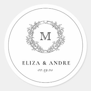 Elegant Monogram Crest Black and White Wedding  Cl Classic Round Sticker