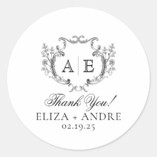 Elegant Monogram Crest Black and White Wedding  Classic Round Sticker