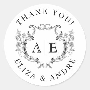 Elegant Monogram Crest Black and White Wedding Classic Round Sticker