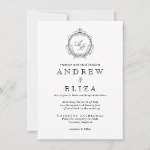 Elegant Monogram Crest Black and White Wedding  Invitation