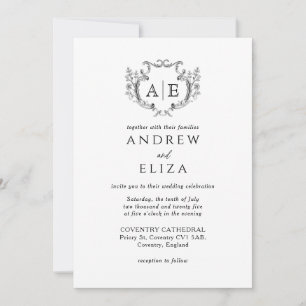 Elegant Monogram Crest Black and White Wedding Invitation