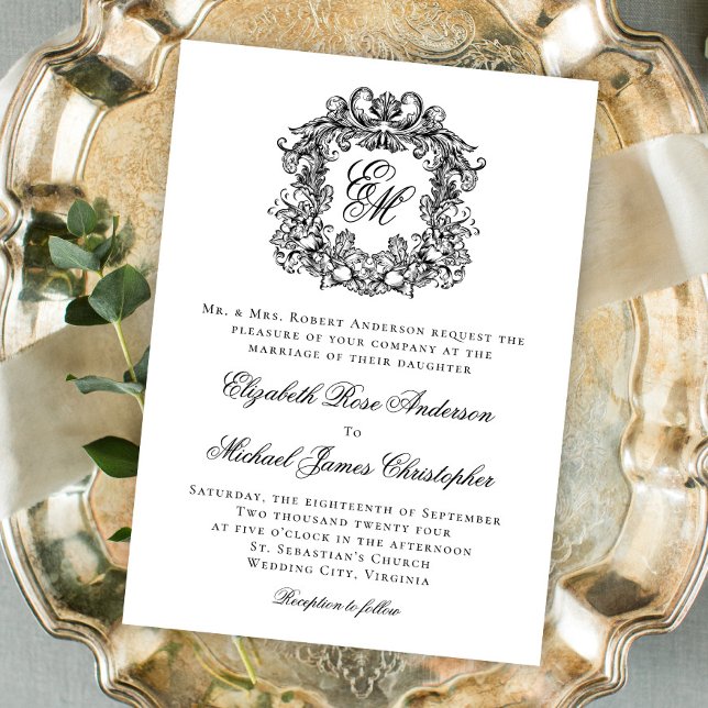 Elegant Monogram Crest Black and White Wedding Invitation (Creator Uploaded)