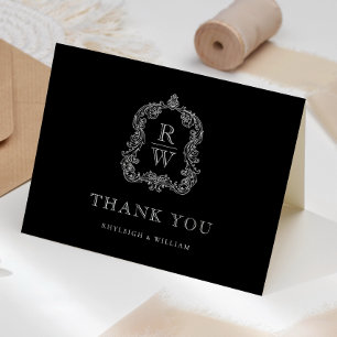 Elegant Monogram Crest Black and White Wedding Thank You Card