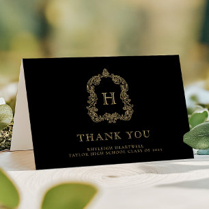 Elegant Monogram Crest Black Gold Graduation Thank You Card