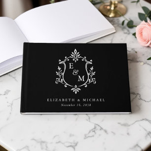 Elegant Monogram Crest Black Wedding Guest Book