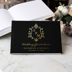 Elegant Monogram Crest Black Wedding Guest Book