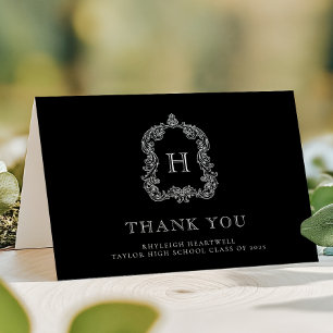 Elegant Monogram Crest Black White Graduation Thank You Card