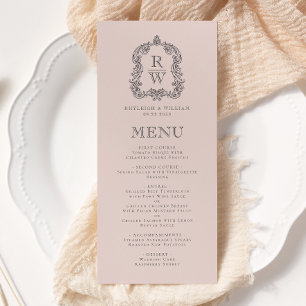Elegant Monogram Crest Blush Pink Wedding Menu