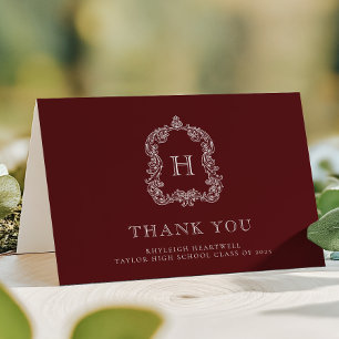 Elegant Monogram Crest Burgundy White Graduation Thank You Card