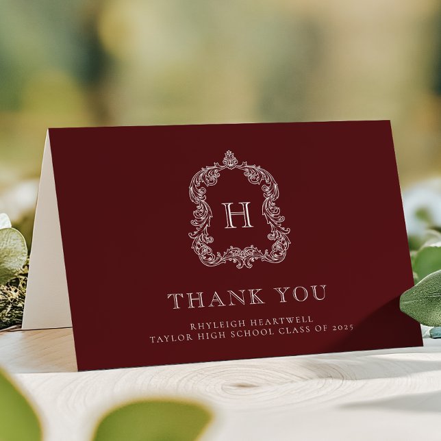 Elegant Monogram Crest Burgundy White Graduation Thank You Card (Creator Uploaded)