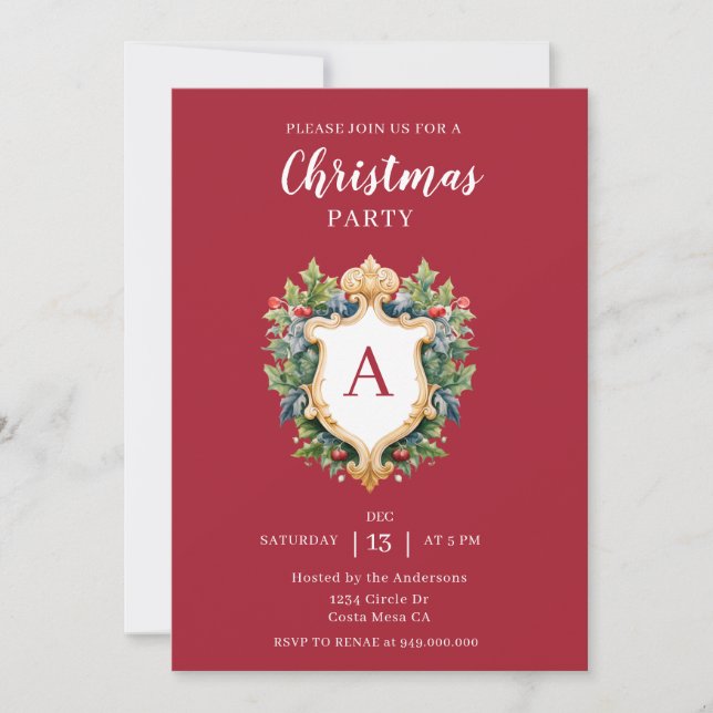 Elegant Monogram Crest Christmas Party  Invitation (Front)