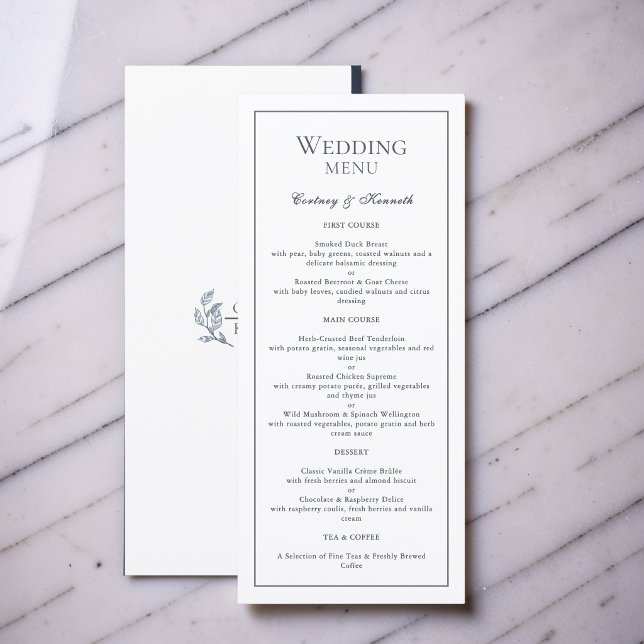 Elegant Monogram Crest Dusty Blue Frame Wedding Menu (Creator Uploaded)