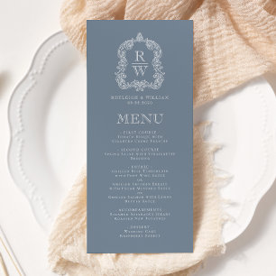 Elegant Monogram Crest Dusty Blue Wedding Menu