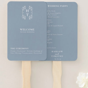 Elegant Monogram Crest Dusty Blue Wedding Program Hand Fan